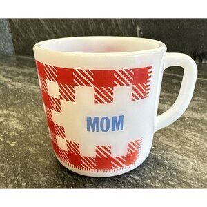 Vintage Westfield Milk Glass MOM Red White Plaid Gingham Coffee Mug